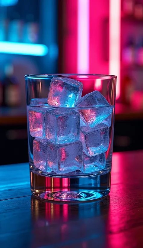 close-up of a glass with ice cubes on a bar, with colorful neon reflection, depth of field, bokeh, atmospheric, photorealistic