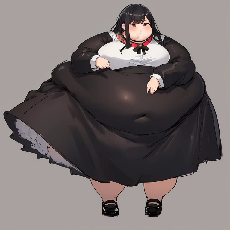 masterpiece,  best quality,Advanced Details,  long black hair,  One Girl ,Excessive obesity,  The whole dress completely covers the body.、(black long sleeve dress clothes with collar )、 high neck shirt、 Long Skirt, full body、