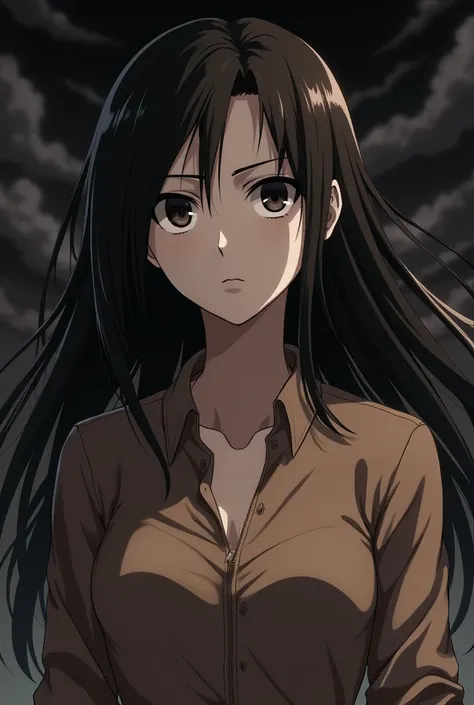 Attack on Titan 

A white character with very dark brown hair , In manga style. The hair is long and the face is a bit round and with a delicate outline 

Darker style