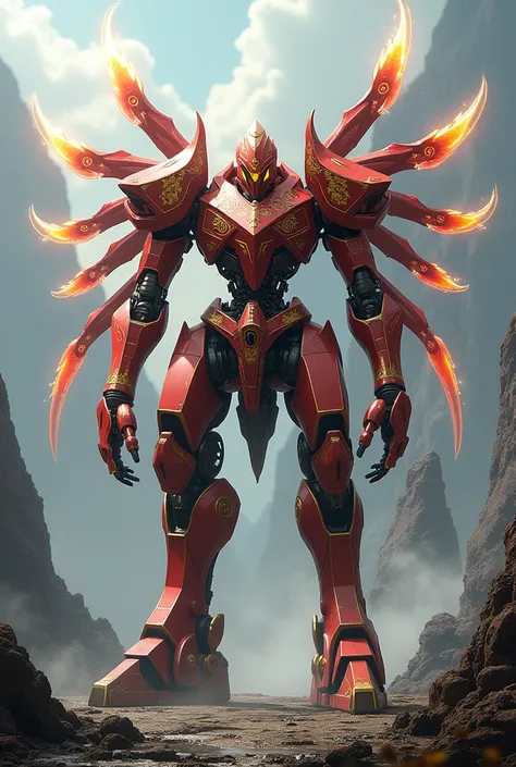 a mech based off an ancient nine-tailed fox, Crimson and Gold aesthetics, mechanized