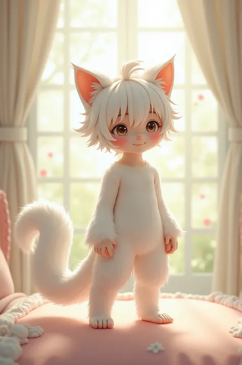 Anime Boy, half-animal, cat, white body with fluffy tail