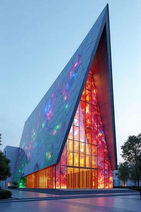 Modern church building with colored gemstones.
