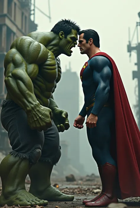 Hulk and Superman looking straight at each other, action : Hulk punching Superman and punching Superman in the face.
scene : A dystopian world. (Ultrarealistic).