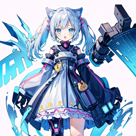 ( cute character :1.4), Cyber Princess ,  she is immersed in cyber networks, (Special Effects), masterpiece,  top quality, Clear Image, Clear Image, Clear Image, Unreal images ,  High Definition Background ,Kawaii Tech, light blue twin tails and cat ears 、...