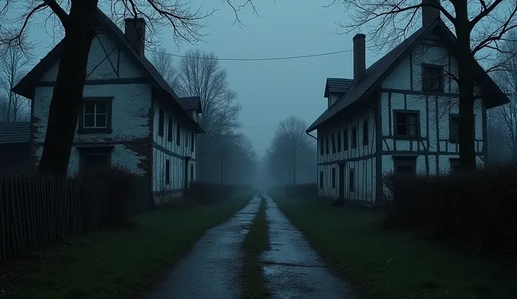 A very dark image of a street in an old and specifically Ukrainian village of the seventeenth century in the Gothic style with one-story wattle and daub houses, without attic и с соломенной крышей, A lot of nature, houses on one side of the street, on the ...