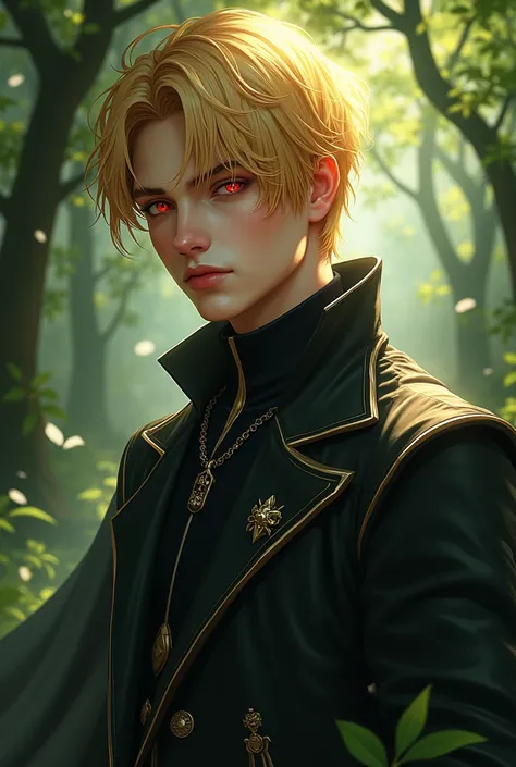 Men, Golden hair, red eyes, short hair, dnd, fantasy-style view, beautifaul face, a forest in the backround and a cool guy