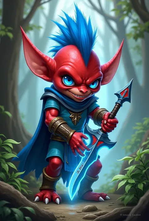 Create Magic the Gathering style a red goblin with blue mohawk hair with blue eyes wearing a light blue hauberk with details holding a light blue dagger with red runes in a forest