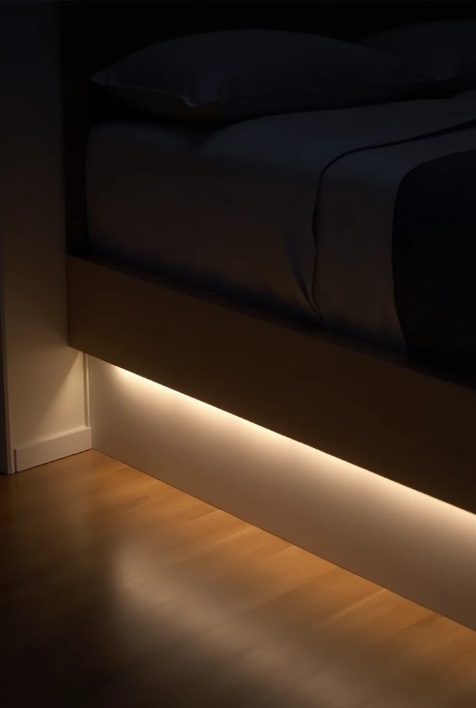 "A sleek and modern smart LED light strip activated by motion. The strip emits a soft, warm glow and is installed under a bed frame, along stairs, or along a cabinet edge. The scene highlights the light automatically turning on as a person walks nearby, cr...