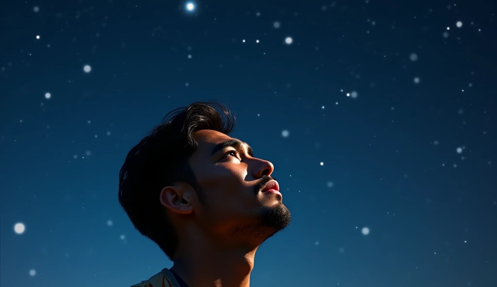 NSFW, ((( handsome man 30 years old looking up at the sky, Looking at the bright stars at night ))), (((with a sad expression,  letting out tears))), (without looking at the camera ), bright lighting, high brightness , realistic , full body photo,  head to...