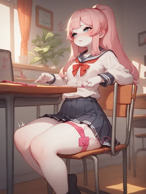 Cumdale Sikorsky , Russian female bunny , white skin , silky school uniform , middle skirt , Garter Ring , on the class room , Inner thighs , 1 pink vibrator , During class , sit on chair