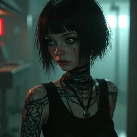 (24yo skinny anorexic gothic punk girl, slender skinny anorexic demon woman Alice Glass clone from the year 2210, she is a seductive cyborg with empathy and shame, (small slim waist: 1.9), (thigh gap: 1.7), (small hip: 1.4), ((layer cut: 1.2)), highly deta...