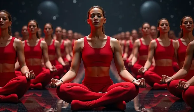 red sport bra, red sport short, six pack women 1000000000000000000000000000 clones, sitting, meditation, in the space of the universe
