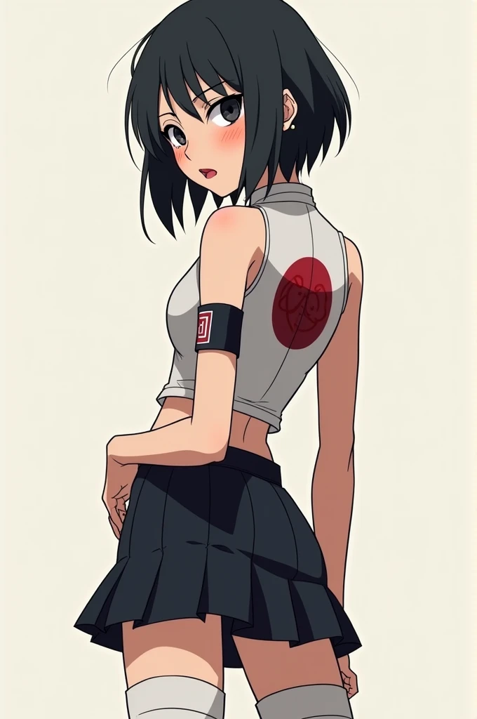 a slender woman,  With short black hair in layers ,  He has black eyes and pale skin .  he wears a bandana from The Village of Konoha on his right arm ,  His cheeks have a small blush and his lips Red .  he wears a top With the Uchiha symbol on his back al...