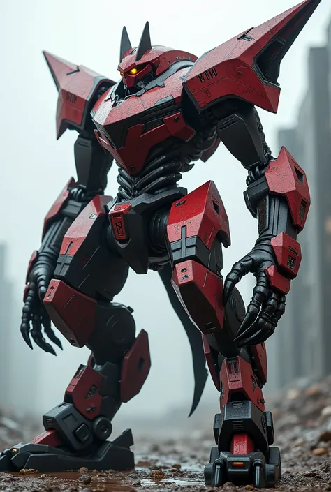 a mech based off an ancient God slayer Fenrir, Red and Black aesthetics, mechanized