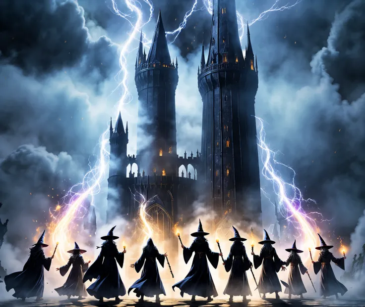 Black tower theme, a group of wizards casting light spells against a black tower protected by a shadowy mist, ((ultra quality)), anime enhancement, ((8k resolution, masterpiece, best quality)), ultra detailed, ultra sharp, perfect colors, perfectly shaded,...