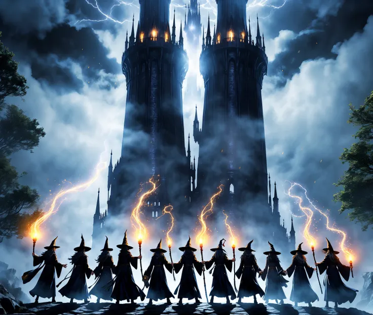 Black tower theme, a group of wizards casting light spells against a black tower protected by a shadowy mist, ((ultra quality)), anime enhancement, ((8k resolution, masterpiece, best quality)), ultra detailed, ultra sharp, perfect colors, perfectly shaded,...