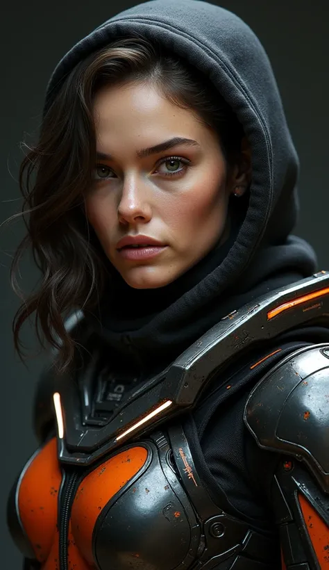 Actor Léa Seydoux wearing the black and orange armor from the game Star Citizen. Hyper realistic. Best lighting