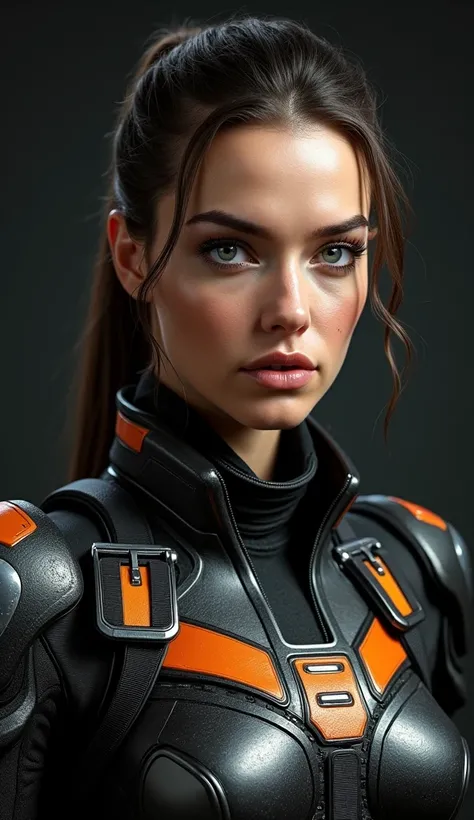 Actor Léa Seydoux wearing the black and orange armor from the game Star Citizen. Hyper realistic. Best lighting