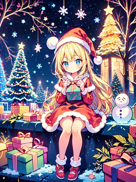 1girl,Chibi、cute、The white and red Santa Claus coat 、 snowman、 Snowflakes 、 fantasy、 absurd、 neon lights enhance the cuteness、世界一cute絵、 Christmas Lights、