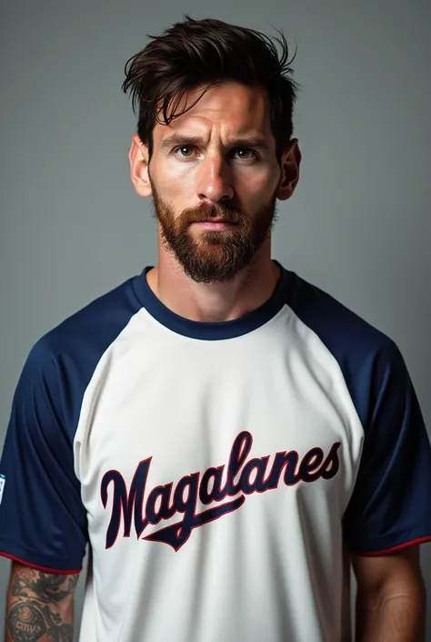 Messi wearing a baseball shirt that says Magallanes 
