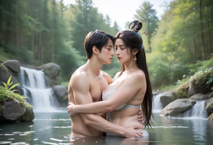 source realistic, couple, young boy, bathing, Busty wuxia woman, hug, big dick,embrassed, plump,huge breast,goddess, in the river, of wuxia world, masterpiece, anatomically correct, super detail, high details, high quality, best quality, highres, 8k