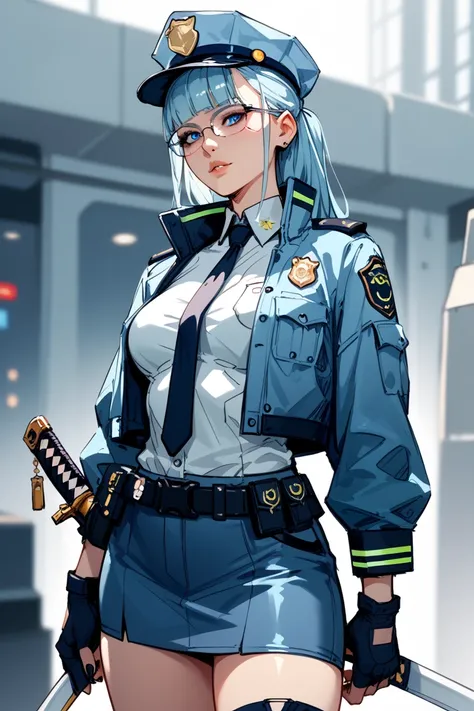 simple sketch,  color sketch drawing, sketch of the character standing , Girl police officer , long light blue hair,  clothing of a futuristic cyberpunk agent , with glasses, with accessories,  leaning on a futuristic katana sword