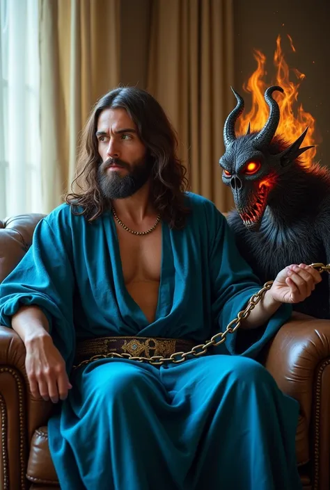 
image from inside the house, Jesus with a shiny blue tunic is sitting on the sofa holding in his hand a chain tied around the neck of an electrified and flaming black monster with horns and black eyes at the end.