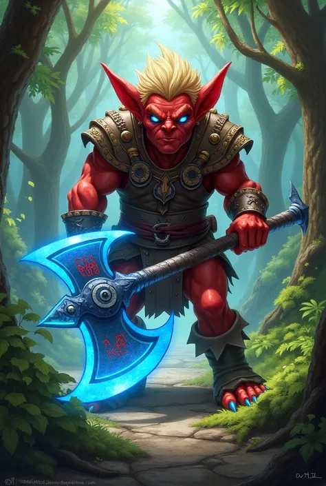 Create Magic the Gathering style a strong red-skinned goblin with short blond black hair with blue eyes wearing a brown metallic vest with details holding a blue axe with red runes in a forest