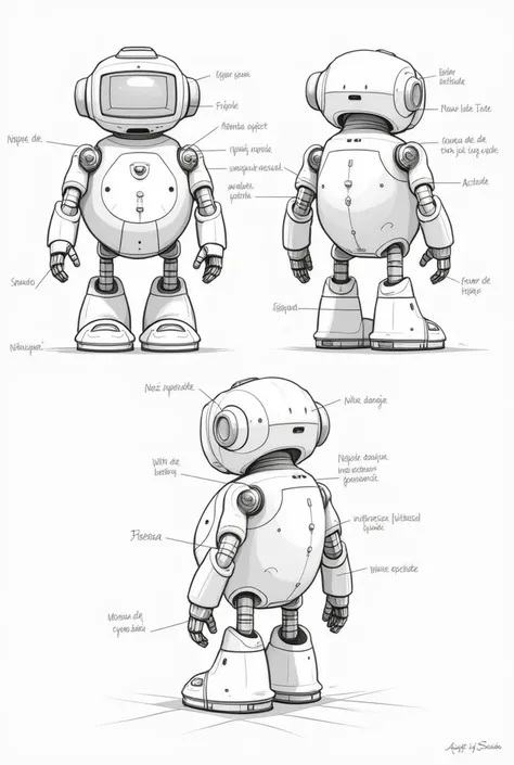  Create a detailed plan in technical drawing format of a robot inspired by a friendly style character,  similar to a futuristic robot with a round body and simple limbs .  The plan should include : Front views,  lateral and upper of the robot ,  showing de...