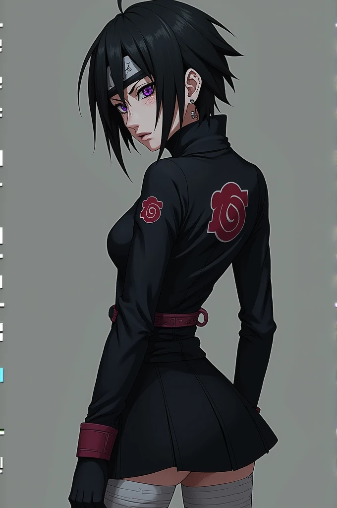  Do it Naruto style

- Short Black Hair 
- Black eyes but sometimes it varies with your left Violet eyes
- when your eye is violet ,  use your hair or a patch to cover it
- He wears bandages around his neck
- Pale skin 
- Do you smoke 
- It has a lot of mo...