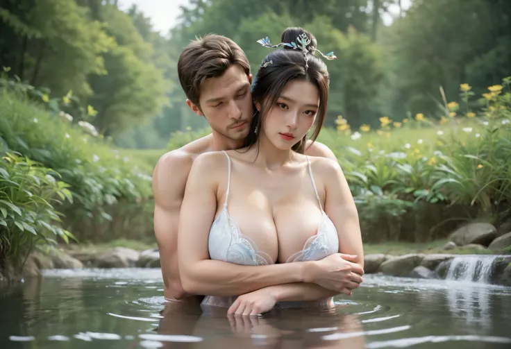 source realistic, couple, young boy, bathing, Busty wuxia woman, hug, big dick,embrassed, plump,huge breast,goddess, in the river, of wuxia world, masterpiece, anatomically correct, super detail, high details, high quality, best quality, highres, 8k