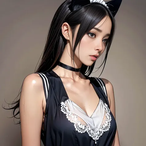 Takamizawa Rui, home tutor, crossdressing male character, cat-eared maid outfit, semi-animalistic features, feminine appearance, fragile body condition, drug-affected state, crossdressing boy, emotionally detailed costume design, slightly insecure expressi...