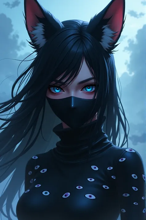  Game Free Fire style female character with long black hair with fox ears wearing a black mask and a black turtleneck shirt full of eyes "blue" e um fundo com nuvens blue