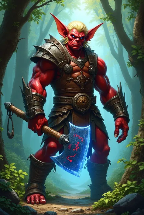 Create Baldurs Gate style a strong goblin with red skin with short blond black hair with blue eyes wearing a brown metallic vest with details holding a blue axe with red runes in a forest