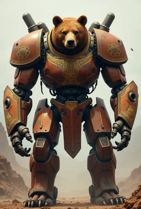 a mech based off an ancient bear, brown and gold aesthetics, mechanized