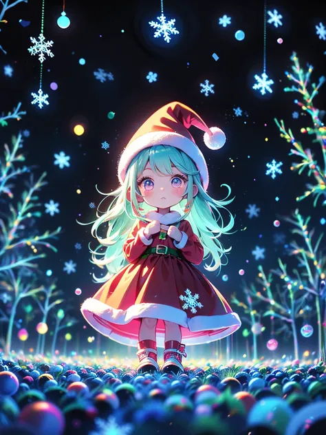 1girl,Chibi、cute、white and red Santa Claus dress、 snowman、 Snowflakes 、 fantasy、 absurd、 neon lights enhance cuteness、世界一cute絵、 Christmas Lights、 Proximity Method、 composition from below、