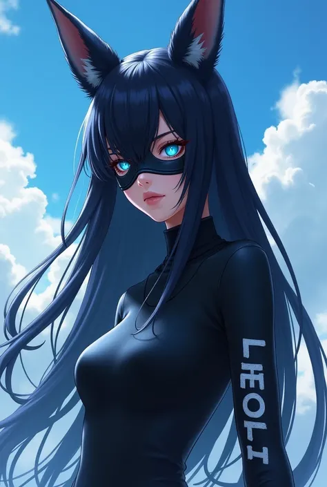 Game Free Fire style female character with long black hair with fox ears wearing a black mask and a black turtleneck shirt and a long sleeve written in the middle "Lady" With the eyes "blue" e um fundo com nuvens blue