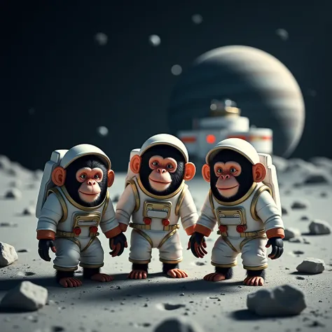  a photo in which 3 chimps in astronaut suits appear smiling, in front of a medium-sized laboratory , The laboratory is laboratory ,  all this is happening in space on a gray mercury 
