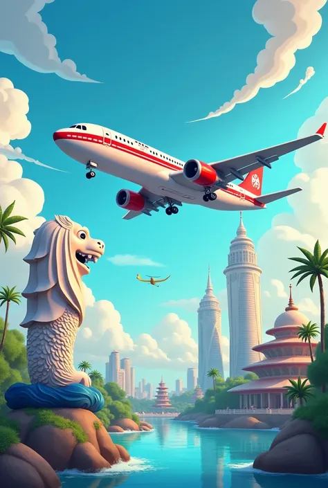 Airplane, Merlion Singapore, Monas Jakarta, WhatsApp logo, cartoon style, HD