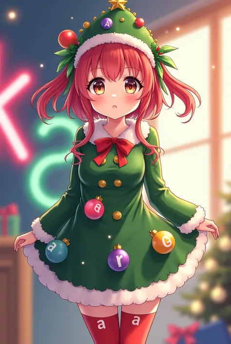  idol-like girl cosplaying Christmas tree。 anime style。ARU letters on costume 。The letters kaa on the background 