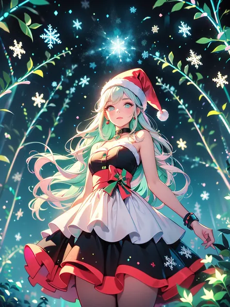 1girl,Chibi、cute、 Neon Color Gradation Hair Color、White and Black Santa Claus Dress 、 snowman、 Snowflakes 、 fantasy、 absurd、 neon lights enhance the cuteness、世界一cute絵、 Christmas Lights、 Proximity Method、 view from below、