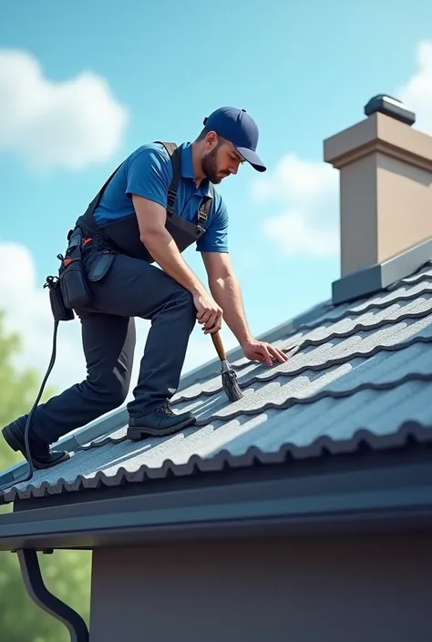 Ai picture of some one a roof coating a tiled roof,  he has a brush, Gray roof ,  man in blue cap and blue shirt and black pants,, Cleaning the gutter  