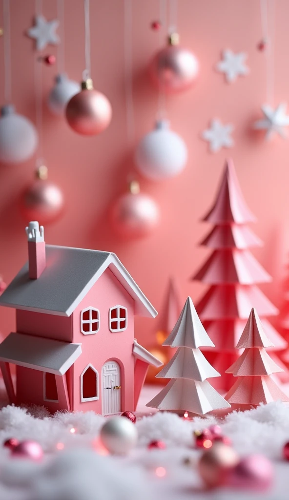  MerryChristmas、💡、Christmas houses and Christmas trees made with three-dimensional, miniature-like origami、Origami and kirigami 、 no people、 The background blurs Christmas ornaments 、 high image quality、The whole thing is pink 