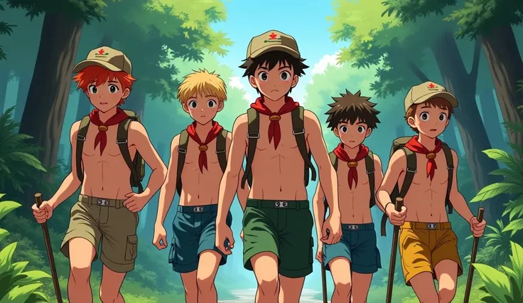 I want several boys I want them all very different from each other in hair color I have skin color eye color and height they are only wearing a latex swimsuit a neck scarf and a boy scout cap they are hiking in a forest they are very sweaty the image has t...