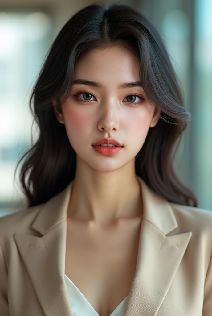 (Masterpiece), (Intelligent Japanese woman, 25 years old), (intelligent and elegant beauty), (Secretary to a senior executive), (Face close-up), (front view), (natural bust size),  (popular korean makeup), (Elongated oval face), (Wavy medium length hairsty...