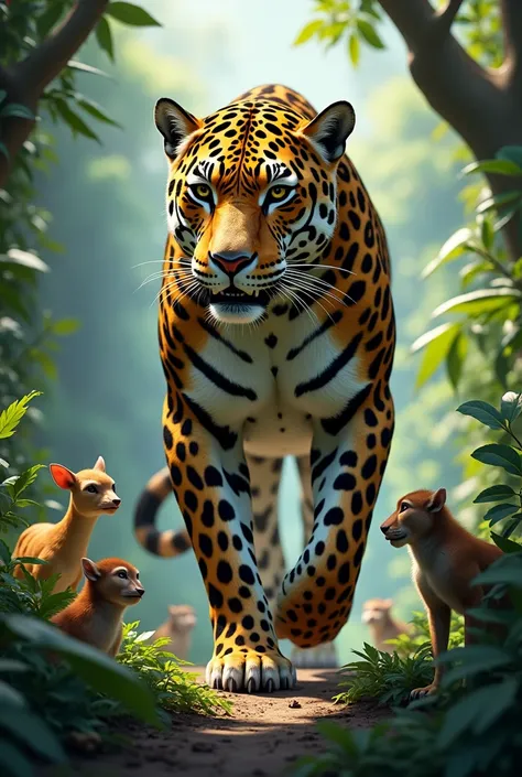 The same big and strong jaguar with other small animals that could be its prey and some flee from it 