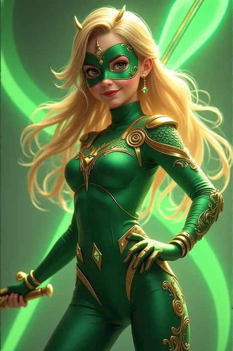 "Uma jovem heroína inspirada no estilo
Miraculous Ladybug.  She has long, wavy hair , In a golden blonde tone ,  with loose and slightly bulky threads . Your face is delicate,  with a gentle smile and bright eyes ,  conveying joy and kindness .  She wears ...