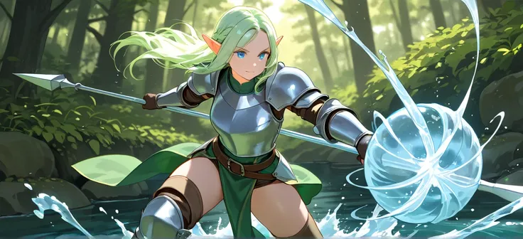 Water bender, female elf, wearing iron armor with silk underneat