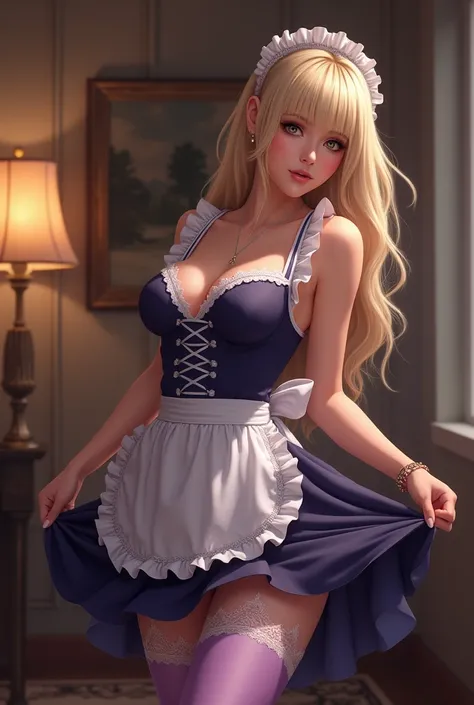 Blonde maid ,  skirt lift, She pulls up her skirt herself ,  shows off her lace panties, And her purple pantyhose  