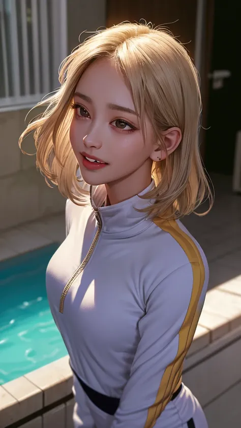 Apartment entrance、In the sunshine of the sunrise、Dripping Sweat、,track suit,(Thin type:1.5),(large breasts),(random hairstyle),(Highest image quality,(8k), ultra-realistic, Best Quality, High quality, High Definition, high quality texture, high detailing,...